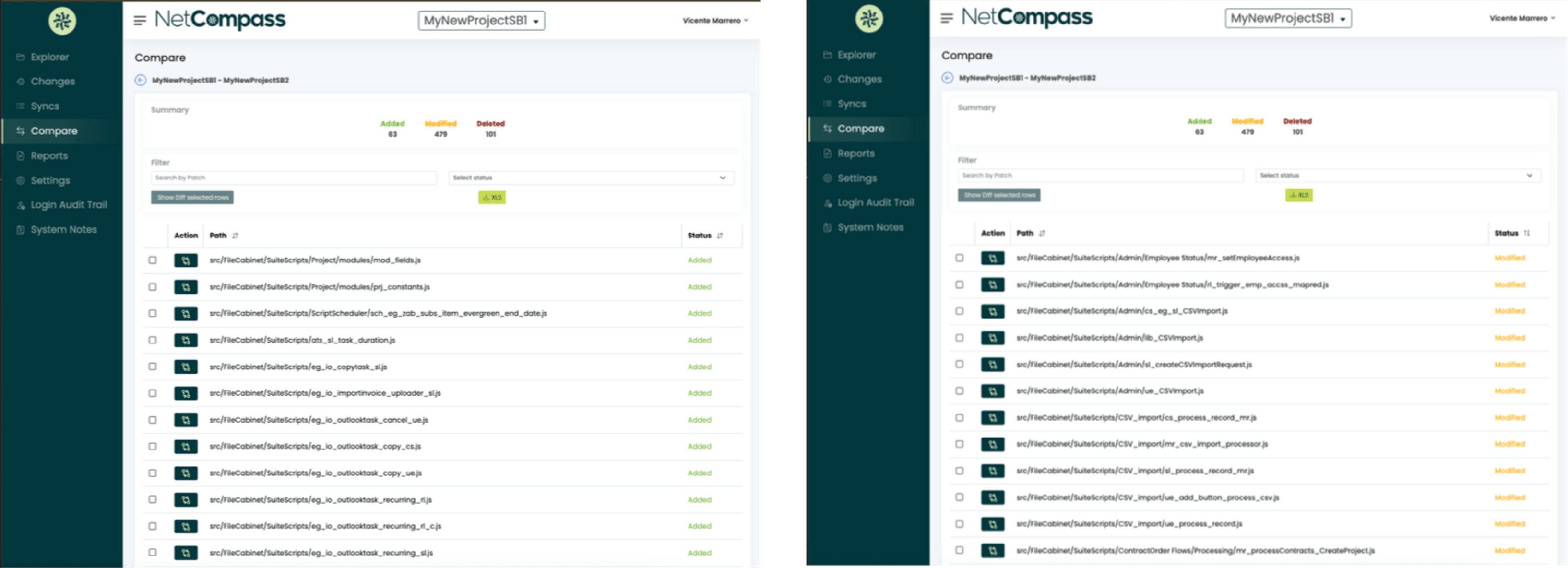 NetCompass environment comparison showing side-by-side sandbox vs production differences