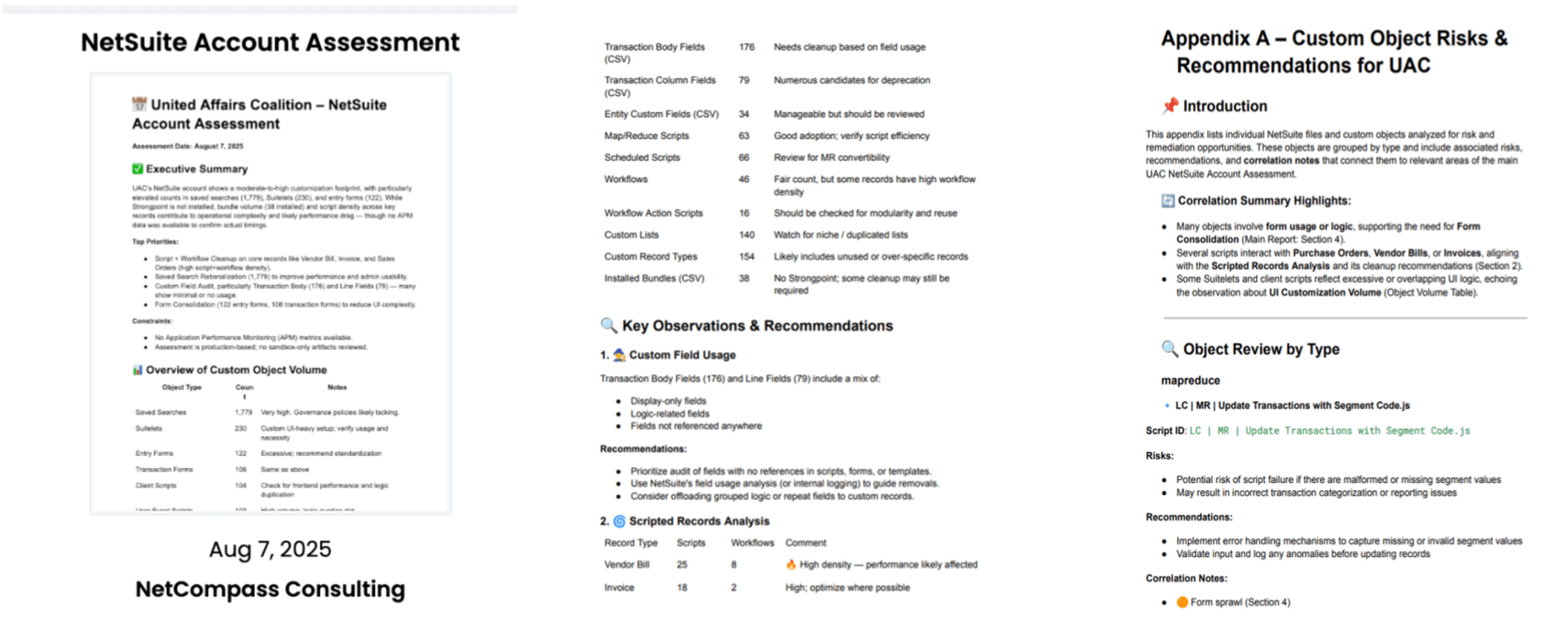 NetCompass automated NetSuite account assessment report with executive summary, custom field analysis, and recommendations